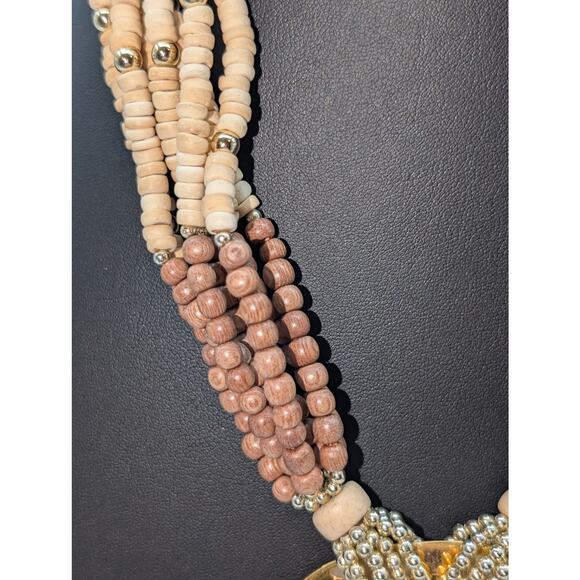 Seven Strand Wood Bead Gold Tone Shell Mountain Scene Disk Pendant 20" Necklace - Picture 6 of 8